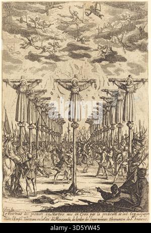 Jacques Callots Ätzung um 1627–1628 zeigt das Martyrium christlicher Figuren in Japan, einschließlich Hinrichtungsinstrumenten, verschiedenen Haltungen und Gesten. Architektonische und landschaftliche Details sind enthalten, mit feinen Linien und sorgfältiger räumlicher Komposition, die charakteristisch für europäische religiöse Drucke des 17. Jahrhunderts ist. Stockfoto