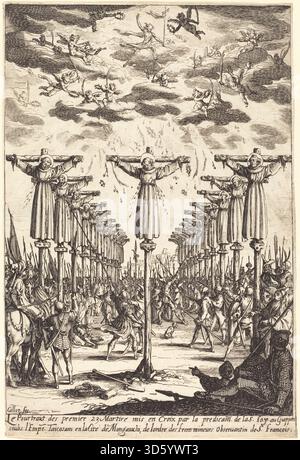 Diese Gravur von Jacques Callot, die um 1627–1628 entstanden ist, zeigt christliche Märtyrer in Japan. Die Figuren werden mit Ausführungsinstrumenten, verschiedenen Gesten und Ausdrucksweisen in architektonischen und landschaftlichen Umgebungen dargestellt. Das Werk veranschaulicht Callots detaillierte Linientechnik und den erzählerischen Stil der europäischen Druckerei im 17. Jahrhundert, die sich auf religiöse Themen konzentriert. Stockfoto