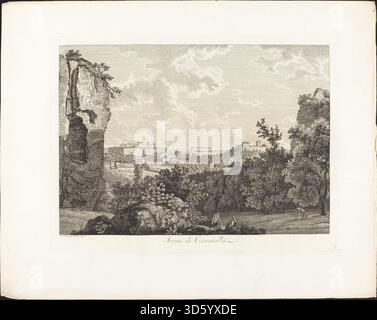 In dieser Gravur von Albert Christoph Dies aus dem Jahr 1793 stellt der Künstler die Überreste der Caracalla-Thermen in Rom dar, die massive Ziegelwölbe und Travertingewölbe und -Bögen zeigen, die teilweise intakt und teilweise zusammengebrochen sind, was einen dramatischen Eindruck von der großen antiken öffentlichen Badeanlage vermittelt. Wikimedia Commons+1 Stockfoto