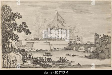 Um 1634 Gravur von Stefano Della Bella mit dem Castel Sant'Angelo in Rom, mit detaillierten architektonischen Elementen, Perspektive und umgebender Landschaft. Stockfoto