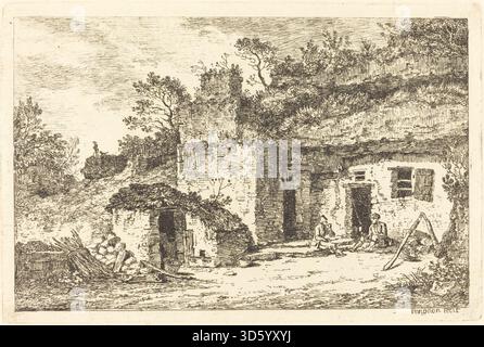 Eine Landschaftszeichnung von Nicolas Pérignon um 1770, die ein Ferienhaus mit zwei Männern vor der Tür darstellt und architektonische Details, natürliche Umgebung und menschliche Figuren in einer ländlichen Umgebung zeigt. Stockfoto