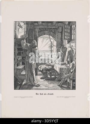Alfred Rethels Gravur „der Tod als Freund“ aus dem Jahr 1851 zeigt den Tod als Begleiter und zeigt Skelette, die mit Menschen in expressiven Gesten, detaillierter Anatomie und einer erzählerischen Komposition, die die Mortalität betont. Stockfoto
