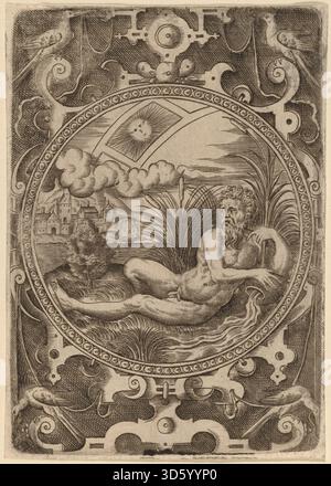 Abraham de Bruyns Werk Cebren (der Gott des Flusses) beschreibt die Personifizierung des Flusses Cebren als Gott. Die Figur wird mit fließenden Wasserelementen und symbolischen Attributen einer Flussgottheit dargestellt. De Bruyn, ein flämischer Künstler, der im 16. Jahrhundert tätig war, setzt detaillierte Gravurtechniken für Komposition und Figurendarstellung ein. Stockfoto