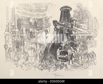 Eine Darstellung von Industriearbeitern in einer großen Hammeranlage von Joseph Pennell, 1917, die Männer, Maschinen, Industriebauten, Werkzeuge und Arbeitsumgebung mit Stift- und Tintentechniken. Stockfoto
