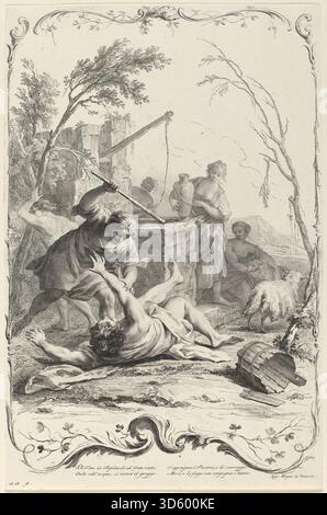 Moses schlägt einen Hirten, veröffentlicht von Joseph Wagner nach Jacopo Amigoni um 1745, stellt Moses im Konflikt mit einem Hirten dar, zeigt Moses, Hirte, Stab, Gesten, Landschaft und Erzählelemente aus biblischen Berichten in Exodus. Stockfoto