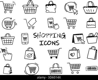 Handgezeichnetes Shopping-Symbol-Set mit Einkaufswagen, Körben, Taschen, Geschenkartikeln, mobilen Shopping, und Checkout-Symbole, E-Commerce-Konzept Stock Vektor
