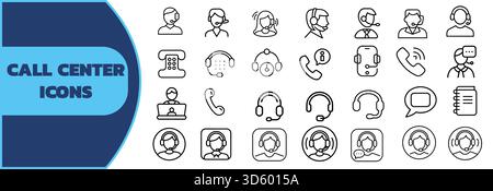 Minimalistische Callcenter-Servicesymbole mit Headsets, Telefonen, Sprechblasen, Monitoren und Kundensupport-Profilen, Kommunikationskonzept Stock Vektor