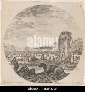 Ein Stich von Stefano Della Bella aus dem Jahr 1646, der Campo Vaccino mit architektonischen Ruinen, menschlichen Figuren, detaillierten Vorder- und Hintergrundelementen und barockem Kompositionsstil zeigt. Stockfoto