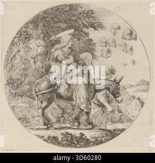 Eine Radierung von Stefano Della Bella um 1662, die den Flug nach Ägypten darstellt, zeigt Maria, Joseph und den jungen Jesus, der durch eine detaillierte Landschaft mit Tieren und einem Pfad reist, der die europäische religiöse Erzählkunst des 17. Jahrhunderts widerspiegelt. Stockfoto