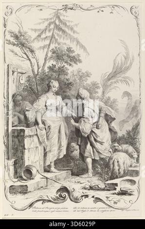 Rebecca am Brunnen, veröffentlicht von Joseph Wagner nach Jacopo Amigoni um 1745, zeigt die biblische Figur Rebecca, die Wasser an einem Brunnen zieht, zeigt Rebecca, Brunnen, Pitcher, Gesten, Landschaft und erzählerische Elemente aus der Genesis. Stockfoto