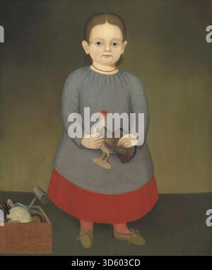 Ein um 1840 entstandenes amerikanisches Gemälde aus dem 19. Jahrhundert, das ein Mädchen zeigt, das einen Spielzeughahn hält und detaillierte Gesichtszüge, Kleidung, Haltung und naturalistische Interaktion mit dem Objekt zeigt. Stockfoto