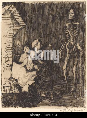 Ein Gemälde von Albert Besnard aus dem Jahr 1900 mit dem Titel While One?, das eine weibliche Figur darstellt, die sich mit der Geste, dem Gesichtsausdruck und der detaillierten Darstellung von Kleidung und Form befasst. Stockfoto
