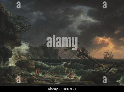 Das Schiffswrack, gemalt von Claude Joseph Vernet im Jahr 1772, zeigt eine Schiffskatastrophe mit einem beschädigten Schiff, turbulenter See, in Not geratenen Figuren, stürmischem Himmel und dramatischer Beleuchtung. Das Werk betont die menschliche Verletzlichkeit, die Kraft der Natur und die Techniken der französischen Meereslandschaft des 18. Jahrhunderts. Stockfoto