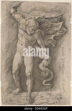 Dieses um 1500 entstandene Werk aus der Werkstatt von Andrea Mantegna zeigt einen Faun, der gegen eine Schlange kämpft. Das Kunstwerk zeigt mythologische Figur, Tier, dynamische Posen, Vorhänge, Gesten, natürliche Umgebung und italienische Renaissance-Maltechniken. Stockfoto