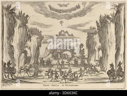 Radierung von Stefano Della Bella, 1637, mit Darstellung der Grotte von Vulcano. Das Kunstwerk zeigt vulkanische Höhle, Felsformationen, Figuren, detaillierte Komposition und Ätzungen im barocken Stil. Stockfoto