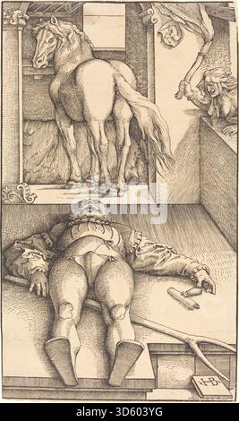 Dieses Werk von Hans Baldung Grien aus dem Jahr 1544 zeigt den Bewitchten Bräutigam und betont übernatürliche Themen, dramatische Gesten, Gesichtsausdruck und stilistische Merkmale der nördlichen Renaissance. Stockfoto