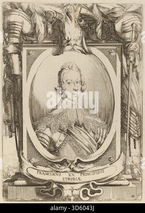 Dieses Porträt von Stefano Della Bella zeigt Francesco de Medici, Prinz der Toskana, Gesichtszüge, Kleidung, Haltung, symbolische Objekte und italienische Druckerei aus dem 17. Jahrhundert. Stockfoto
