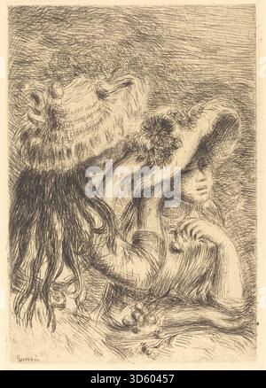 Ein Gemälde von Auguste Renoir aus dem Jahr 1894 mit dem Titel The hat Pin (Le Chapeau epingle), das eine Frau mit Hut zeigt und Renoir's impressionistischen Stil mit Aufmerksamkeit auf Farbe, Licht und Textur zeigt. Stockfoto