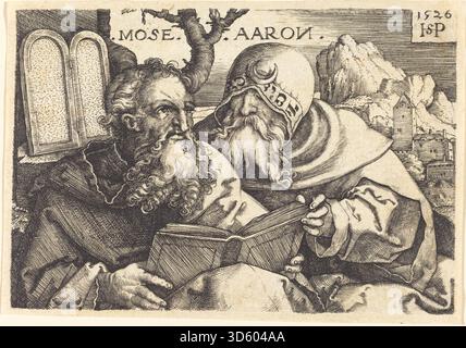 Ein Stich von Sebald Beham aus dem Jahr 1526, der Moses und Aaron zeigt und biblische Figuren mit Tafeln, Gewändern, Gesten und detaillierter religiöser Erzählung zeigt. Stockfoto