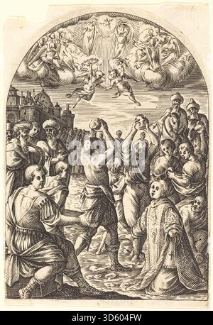 Eine Gravur von Jacques Callot, die 1608–1611 das Martyrium des Heiligen Stephan darstellt und Figuren, Folterinstrumente, Ausdrücke und den europäischen religiösen Kontext zeigt. Stockfoto