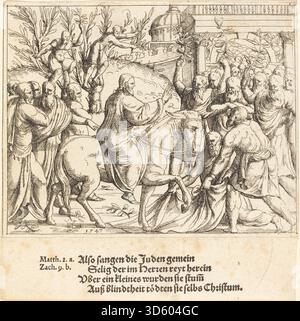 Kupferstich von Augustin Hirschvogel mit dem Titel „der Eintritt in Jerusalem“, hergestellt 1547. Das Kunstwerk zeigt Jesus auf einem Esel, umgeben von Anhängern, Menschenmassen und architektonischen Elementen, in einem religiösen Stil aus dem 16. Jahrhundert. Stockfoto