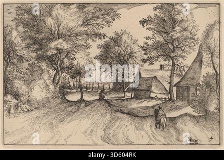 Ein Kupferstich von Claes Jansz Visscher, der eine von Hütten und Vegetation flankierte Dorfstraße zeigt, nach Entwürfen von Johannes und Lucas van Doetechum. Es repräsentiert ländliche Architektur und Landschaft des frühen 17. Jahrhunderts. Stockfoto