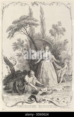 Der Fund von Moses, der von Joseph Wagner nach Jacopo Amigoni um 1745 veröffentlicht wurde, zeigt die biblische Geschichte von Baby Moses, das von der Tochter des Pharaos entdeckt wurde, und zeigt Moses, die Tochter des Pharaos, Wasser, Korb, die Aufseher und die umliegende Landschaft von Exodus. Stockfoto