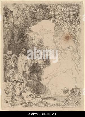 Diese kleine Platte von Rembrandt van Rijn, 1642, zeigt die Erhebung des Lazarus und zeigt Figuren, Gesten, Vorhänge und architektonische Elemente in detaillierter Ätzung und betont die biblische Erzählung. Stockfoto