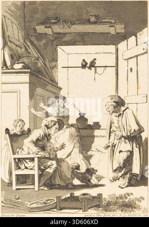 Kupferstich von Charles Emmanuel Patas und Antoine Jean Duclos nach Jean Honoré Fragonard mit dem Titel „Belphegor“, erstellt 1794, mit detaillierten Figuren und Szenen im französischen Illustrationsstil des 18. Jahrhunderts. Stockfoto