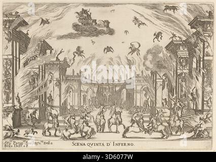 Radierung von Stefano Della Bella, 1637, mit Darstellung der fünften Szene des Inferno. Der Druck zeigt Figuren in Qualen, felsiger Landschaft, symbolische Gesten und detailgetreue barocke Ätzungen. Stockfoto