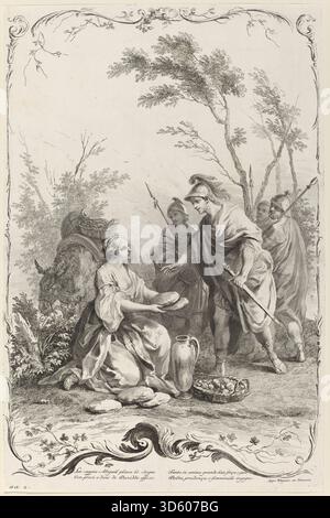 David und Abigail, veröffentlicht von Joseph Wagner nach Jacopo Amigoni um 1745, schildert die biblische Begegnung zwischen König David und Abigail, zeigt David, Abigail, Gesten, Gewänder, Tiere und Landschaft, die die Erzählung von 1 Samuel widerspiegelt. Stockfoto