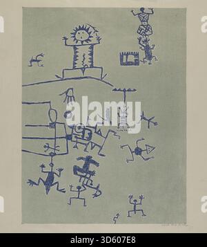 Lala Eve Rivols Petroglyphen von 1935 bis 1942 zeigen symbolische Markierungen auf Felsoberflächen, die Formen, Linien und Muster veranschaulichen, die für prähistorische symbolische Kommunikation charakteristisch sind. Stockfoto