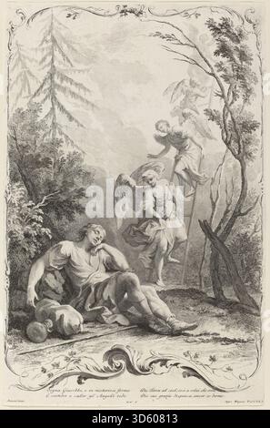Jakobs Leiter, veröffentlicht von Joseph Wagner nach Jacopo Amigoni um 1745, zeigt die biblische Vision einer Leiter, die zum Himmel reicht, mit Engeln auf- und absteigend, und zeigt Jakob, Engel, Leiter und umgebende Landschaft, wie in der Genesis beschrieben. Stockfoto
