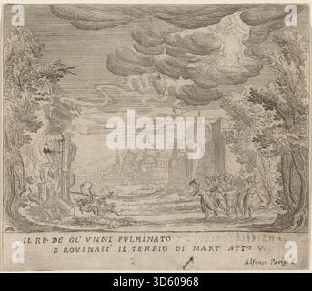 Ein historisches Gemälde von Alfonso Parigi II., das den Streik des Hunnenkönigs und den Fall der Herrschaft von Mart zeigt, zeigt bewaffnete Figuren, Schlachtszene, detaillierte Kostüme und architektonische Elemente. Stockfoto