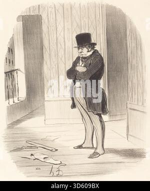 Diese Lithografie von Honoré Daumier aus dem Jahr 1847 mit dem Titel „Déménagé!“ zeigt Charaktere, die an einem Umzug beteiligt sind, und veranschaulicht das häusliche Leben, die soziale Aktivität und die Alltagssituationen im Frankreich des 19. Jahrhunderts. Stockfoto