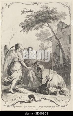 Abraham kniend vor den drei Engeln, veröffentlicht von Joseph Wagner nach Jacopo Amigoni um 1745, zeigt Abraham auf seinen Knien, wie er Besucher empfängt, und zeigt Abraham, drei Engel, Gesten, Gewänder, und Landschaft, die die biblische Geschichte der Gastfreundschaft in Genesis repräsentiert. Stockfoto