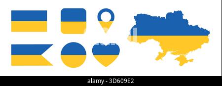 Ukrainische Flagge. Flagge der Ukraine. Nationales Symbol. Quadratisch, rund und herzförmig. Ukrainisches Flaggensymbol. Stock Vektor