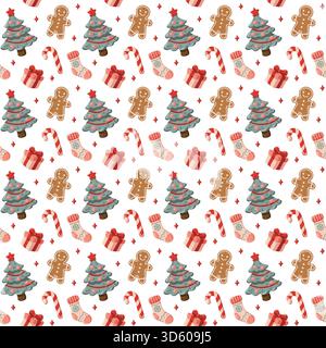 Nahtloses Urlaubsmuster mit Lebkuchenmännern, dekorierten Weihnachtsbäumen und gestreiften Bonbons. Vektor festlicher Feiertagshintergrund Stock Vektor