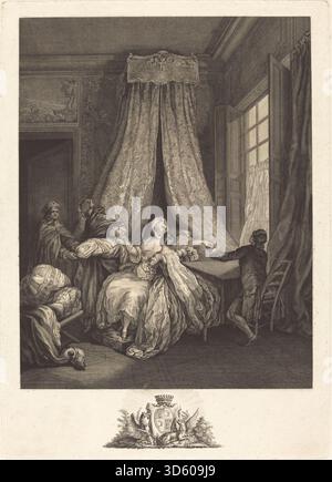 Dieses Gemälde von Francois Voyez nach Pierre Antoine Baudouin zeigt das Geheimnis der Frucht de l'amour und zeigt Figuren in intimer Interaktion, allegorische Elemente, Vorhänge, Komposition, Rokoko-Dekorationsstil, und französische Maltechniken des 18. Jahrhunderts. Stockfoto