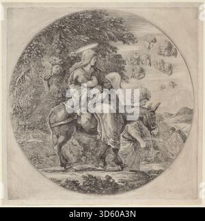 Eine Radierung von Stefano Della Bella um 1662, die den Flug nach Ägypten darstellt und Maria und Josef mit dem Jesuskind auf einem Weg durch eine detaillierte Landschaft mit Tieren und natürlichen Elementen zeigt, die die europäische religiöse Druckerei des 17. Jahrhunderts widerspiegelt. Stockfoto