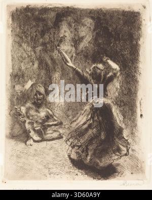 In „The Dancer of Tanjore“ (1914) präsentiert Besnard eine klassische indische Tänzerin in kunstvollen Kostümen. Das Gemälde betont elegante Haltung, dekorative Elemente und die Darstellung kultureller Tanztradition. Stockfoto
