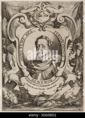 Ätzung von Stefano Della Bella aus dem Jahr 1637, die Kaiser Ferdinand II. In formeller Kleidung mit Insignien, Haltung und Attributen darstellt, die Status und Autorität anzeigen. Stockfoto