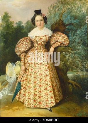 Dieses Porträt aus dem Jahr 1835 zeigt eine junge Frau mit Gesichtszügen, Frisur, Kleidung, Schmuck, Haltung, Ausdruck und ein neutraler Hintergrund, der ihren Charakter und sozialen Status unterstreicht. Stockfoto