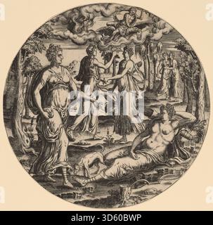 Abraham de Bruyns Gravur „Diana and her Nymphs in a Garden“ von 1569 zeigt die Göttin Diana mit ihren Nymphen in einem Landschaftsgarten. Die Komposition betont natürliche Elemente, menschliche Figuren, Gesten und Interaktionen. De Bruyn, ein flämischer Künstler, verwendet präzise Gravurtechniken, um mythologische Erzählungen und ästhetische Details zu vermitteln. Stockfoto