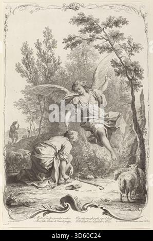Moses und der brennende Busch, veröffentlicht von Joseph Wagner nach Giuseppe Zocchi um 1745, zeigt die biblische Figur Moses, die vor einem brennenden Busch steht, und zeigt Moses, Flammen, Landschaft und göttliche Präsenz, wie in Exodus beschrieben. Stockfoto