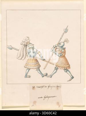 Eine deutsche Handschrift aus dem 16. Jahrhundert um 1515 von Freydal, die Kämpfe zu Fuß während der Turniere von Kaiser Maximilian I. zeigt. Das Kunstwerk betont gepanzerte Ritter, Kampfhandlungen, höfische Unterhaltung und detaillierte Handschriftendekoration. Stockfoto