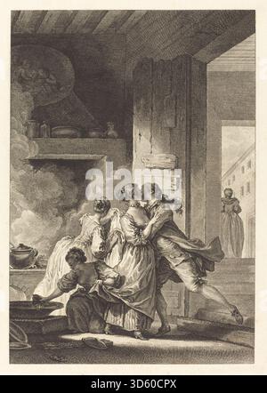 Stich von Charles Emmanuel Patas nach Jean Honoré Fragonard mit dem Titel „on ne s'avise jamais de tout“, der eine detaillierte Szene mit menschlichen Figuren und Elementen zeigt, die typisch für französische Illustrationen des 18. Jahrhunderts sind. Stockfoto