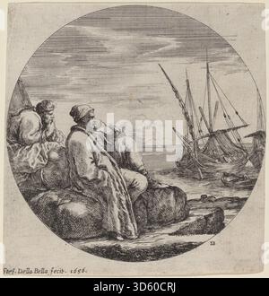 Ätzung von Stefano Della Bella, 1656, zeigt einen Seehafen mit zwei türkischen Kaufleuten. Das Kunstwerk zeigt Schiffe, Hafen, Figuren, Fracht, Architektur, und barocke Ätzdetails. Stockfoto