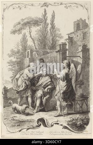 Der blinde Tobias, veröffentlicht von Joseph Wagner nach Giuseppe Zocchi um 1745, zeigt die biblische Figur Tobias, geführt von einem Engel, zeigt Tobias, Engel, Stab, Landschaft, und erzählerische Elemente aus dem Buch Tobit. Stockfoto