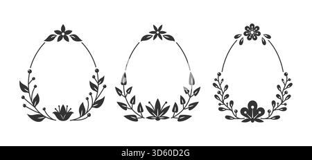 Drei schwarz-weiße ovale Rahmen in Form eines Eies, verziert mit minimalen stilisierten Blumen, dünnen Zweigen und zarten Blättern. Lineares Blumendesign, klare Umrisse, einfaches Ornament, handgezeichnete Federelemente Stock Vektor